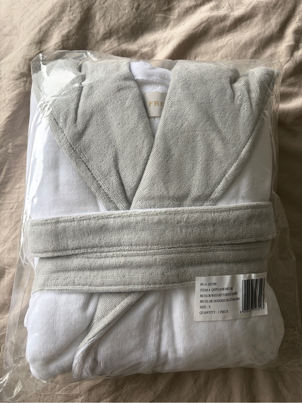 Frette Unisex Hooded Cotton Bathrobe - Light Gray and White - brand new